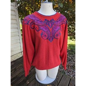 Vtg Sicari Silks LS Red Silk Trim Dolman Slv Back Btn Swtr Top Sz Lg 14